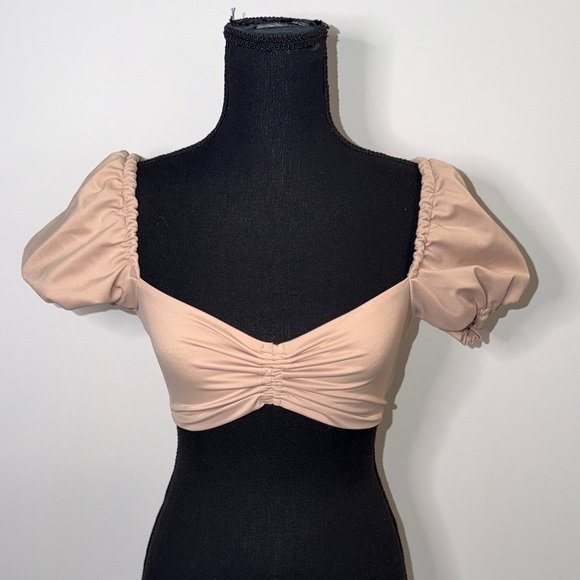 NWT Agua Bendita Blush Taupe Ruched Puff Sleeve Crop Top